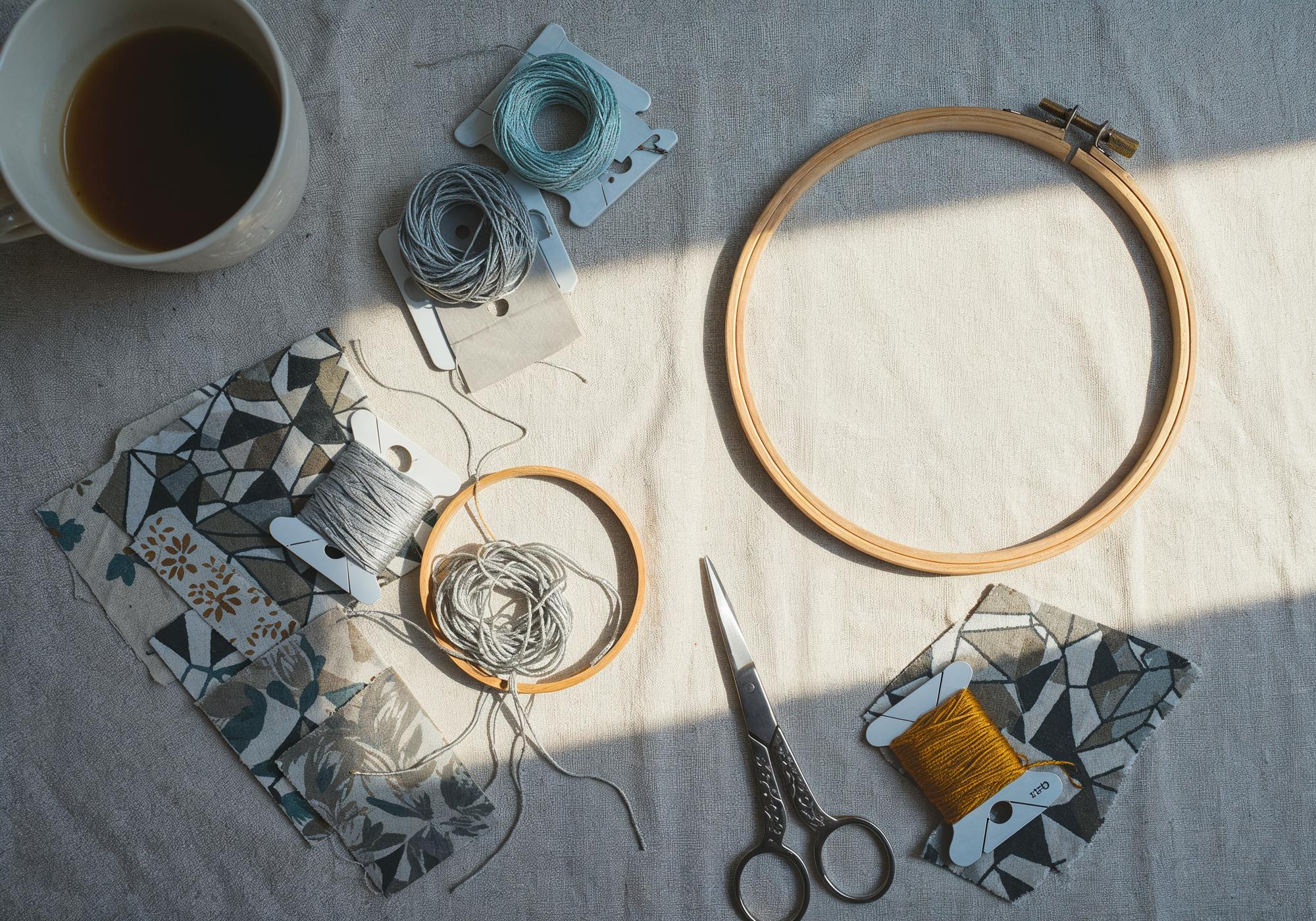 Embroidery workshop table with threads and hoops