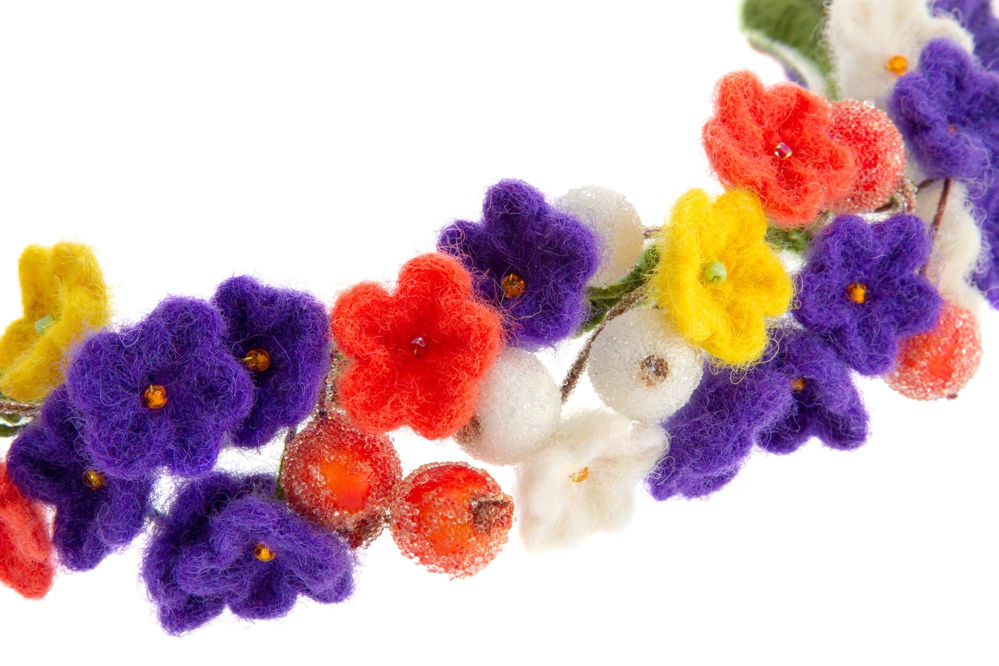Close-up floral embroidery in vibrant threads